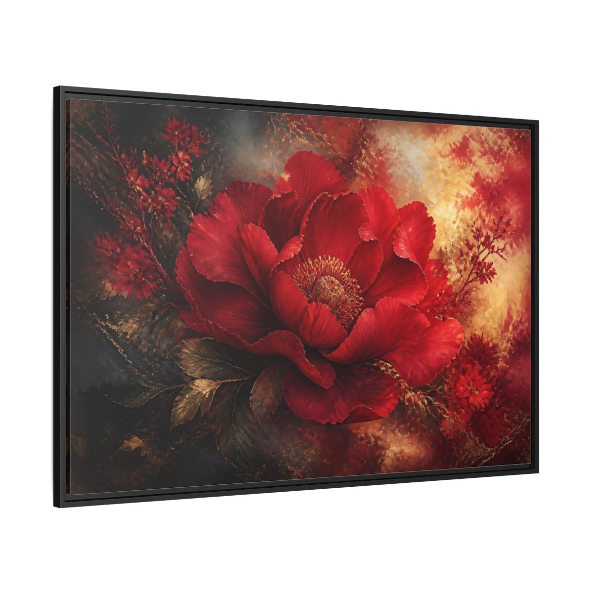 Side Mockup 12. Massive Ruby Peony shown as framed canvas print