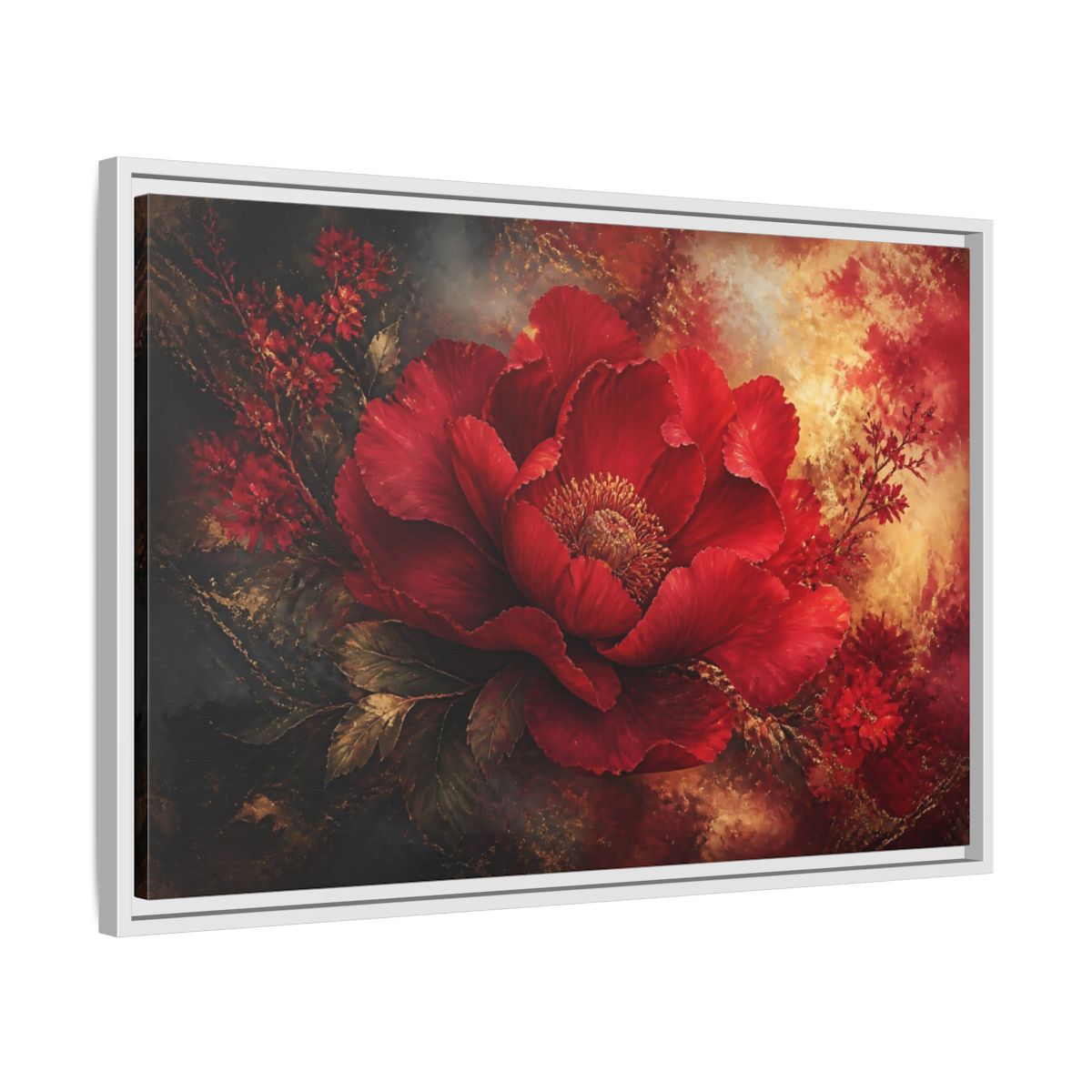 Side Mockup 10. Massive Ruby Peony shown as framed canvas print