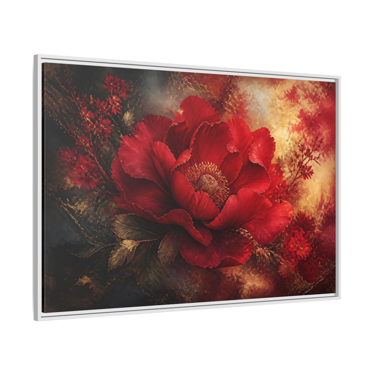 Side Mockup 7. Massive Ruby Peony shown as framed canvas print