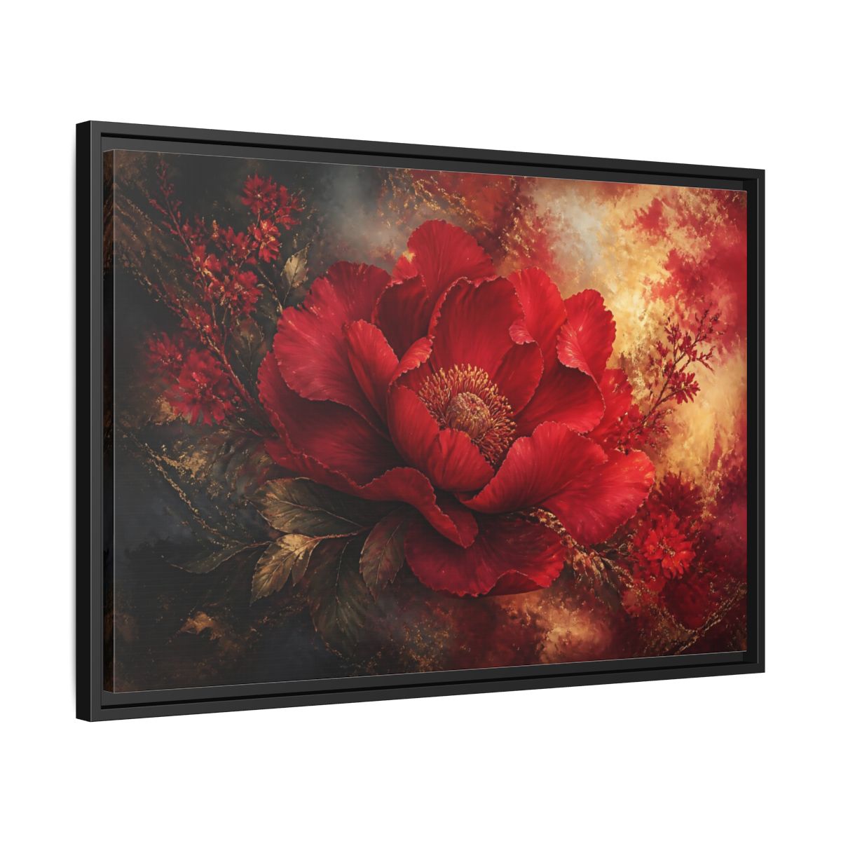 Side Mockup 14. Massive Ruby Peony shown as framed canvas print