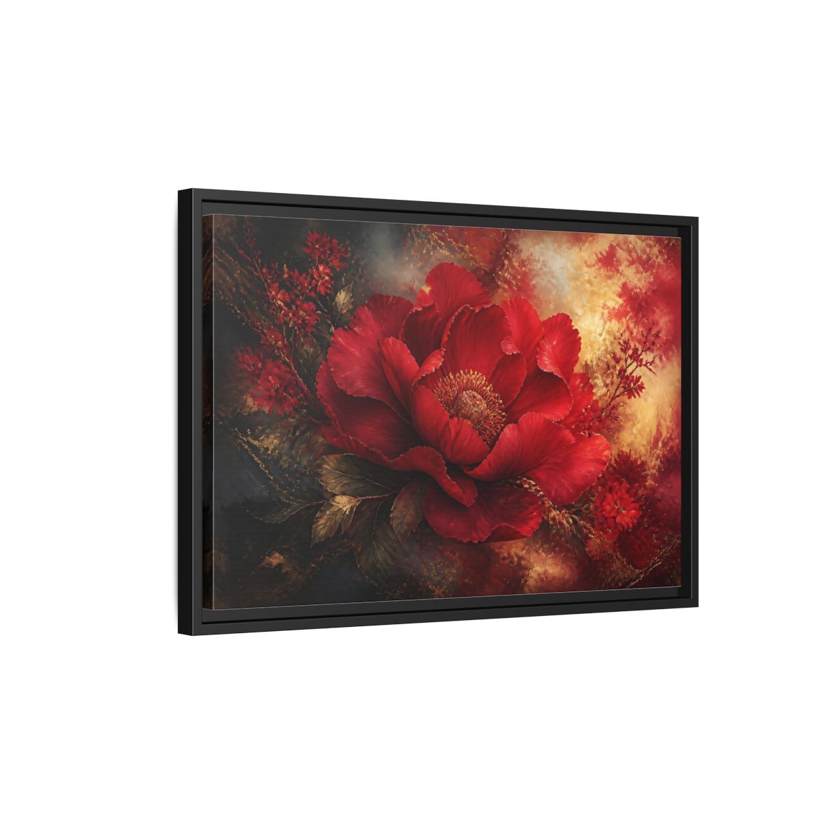 Side Mockup 3. Massive Ruby Peony shown as framed canvas print