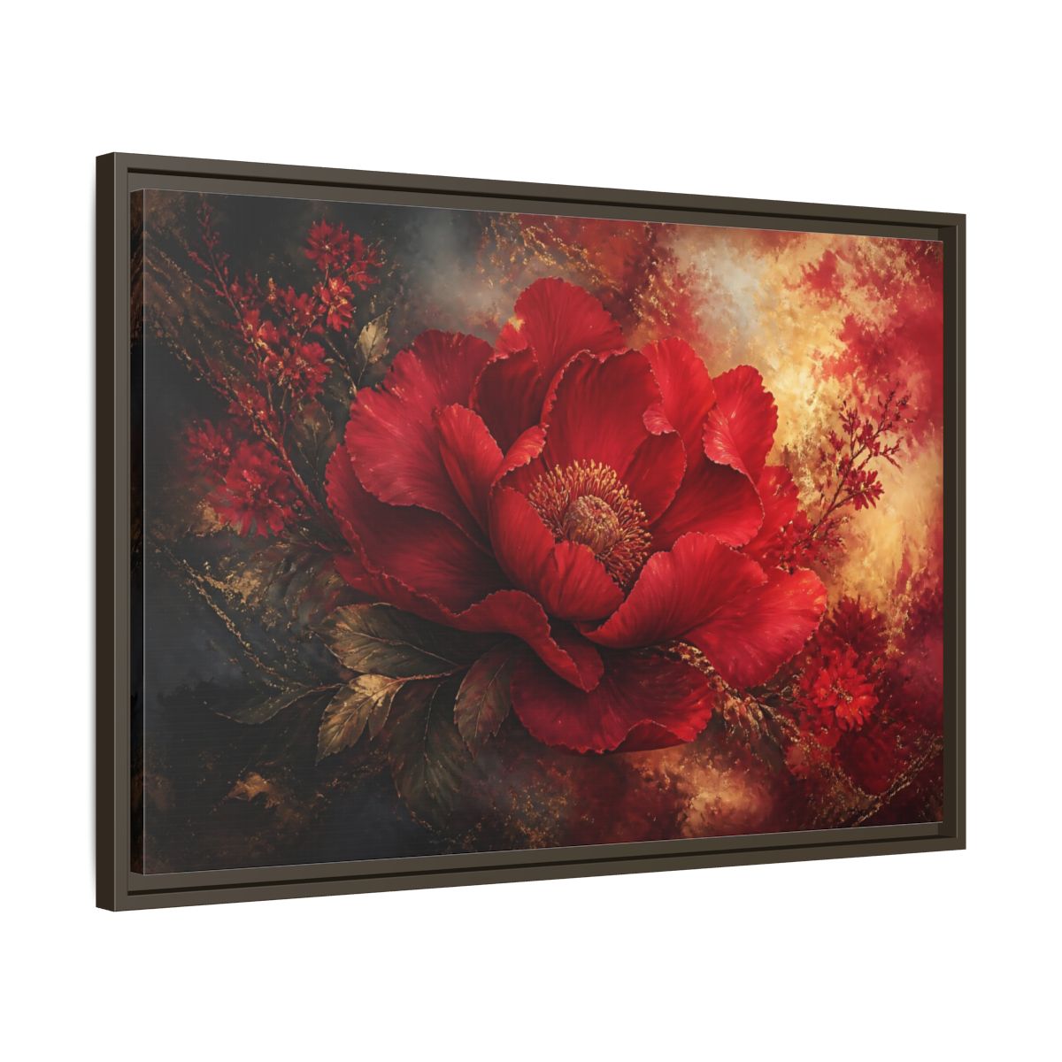 Side Mockup 11. Massive Ruby Peony shown as framed canvas print