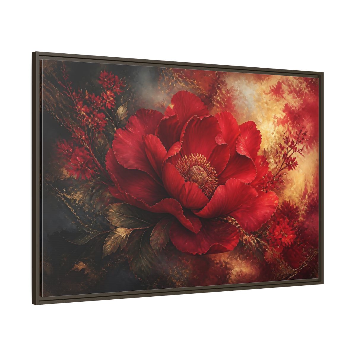 Side Mockup 8. Massive Ruby Peony shown as framed canvas print