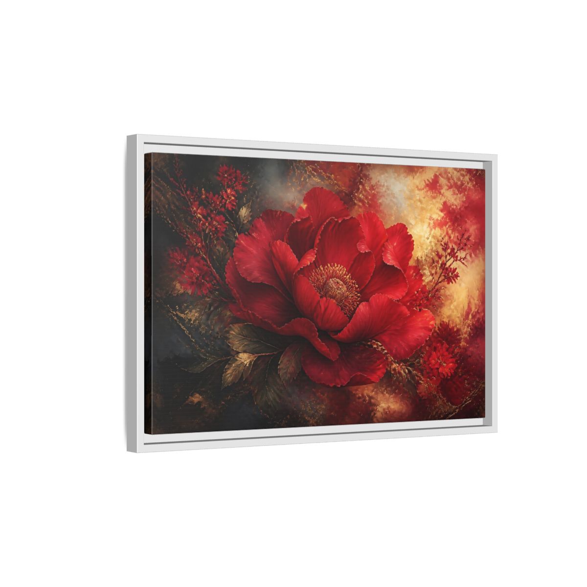 Side Mockup 1. Massive Ruby Peony shown as framed canvas print