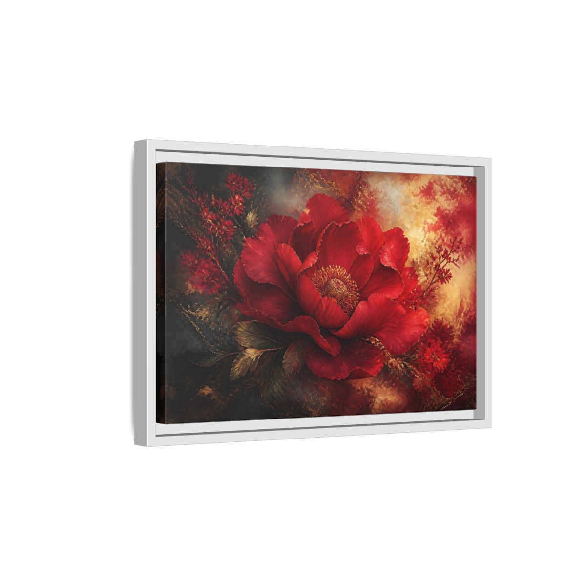 Side Mockup 4. Massive Ruby Peony shown as framed canvas print