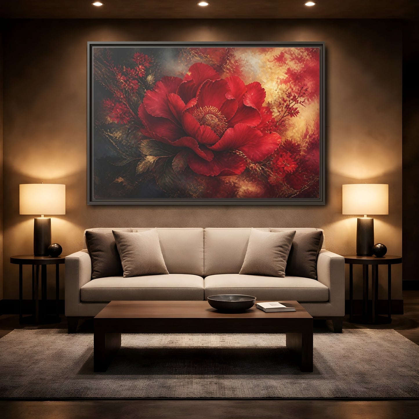 Mockup 2. Massive Ruby Peony shown as framed canvas print