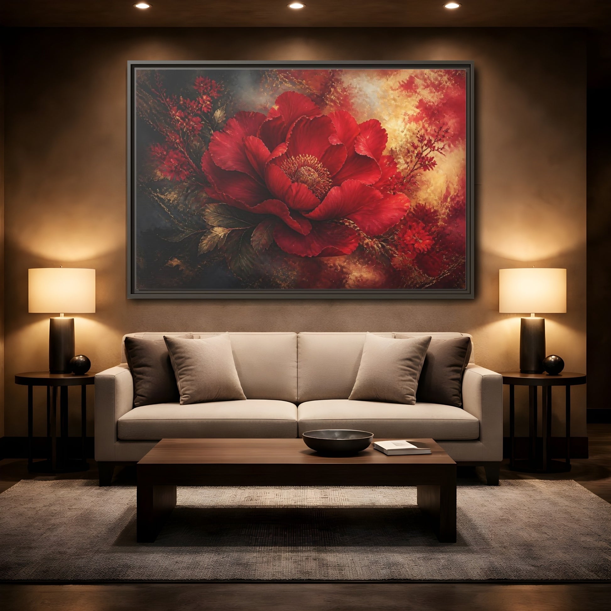 Mockup 2. Massive Ruby Peony shown as framed canvas print