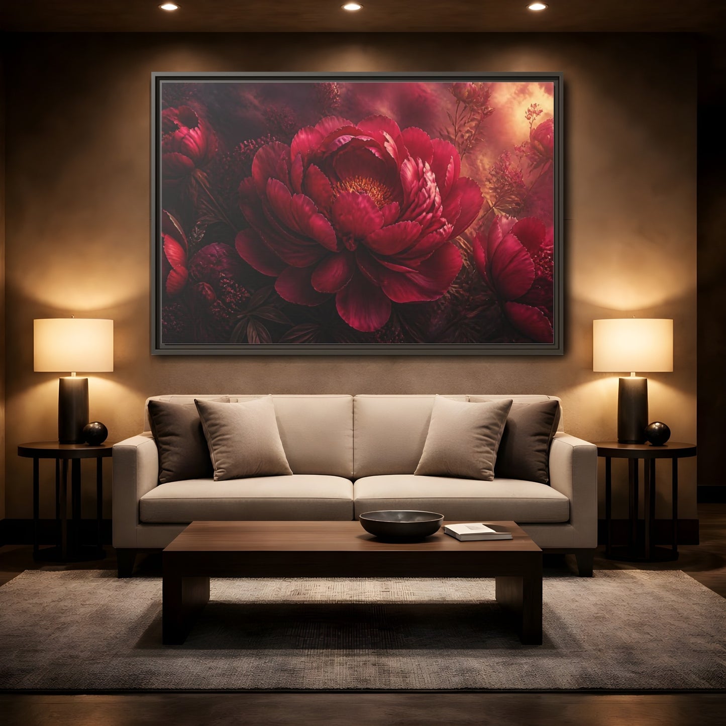 Mockup 2. Massive Ruby Peony shown as framed canvas print