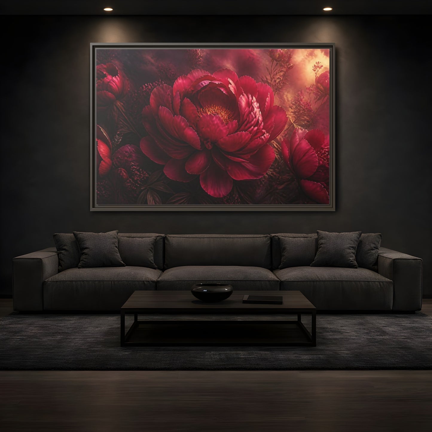 Mockup 3. Massive Ruby Peony shown as framed canvas print