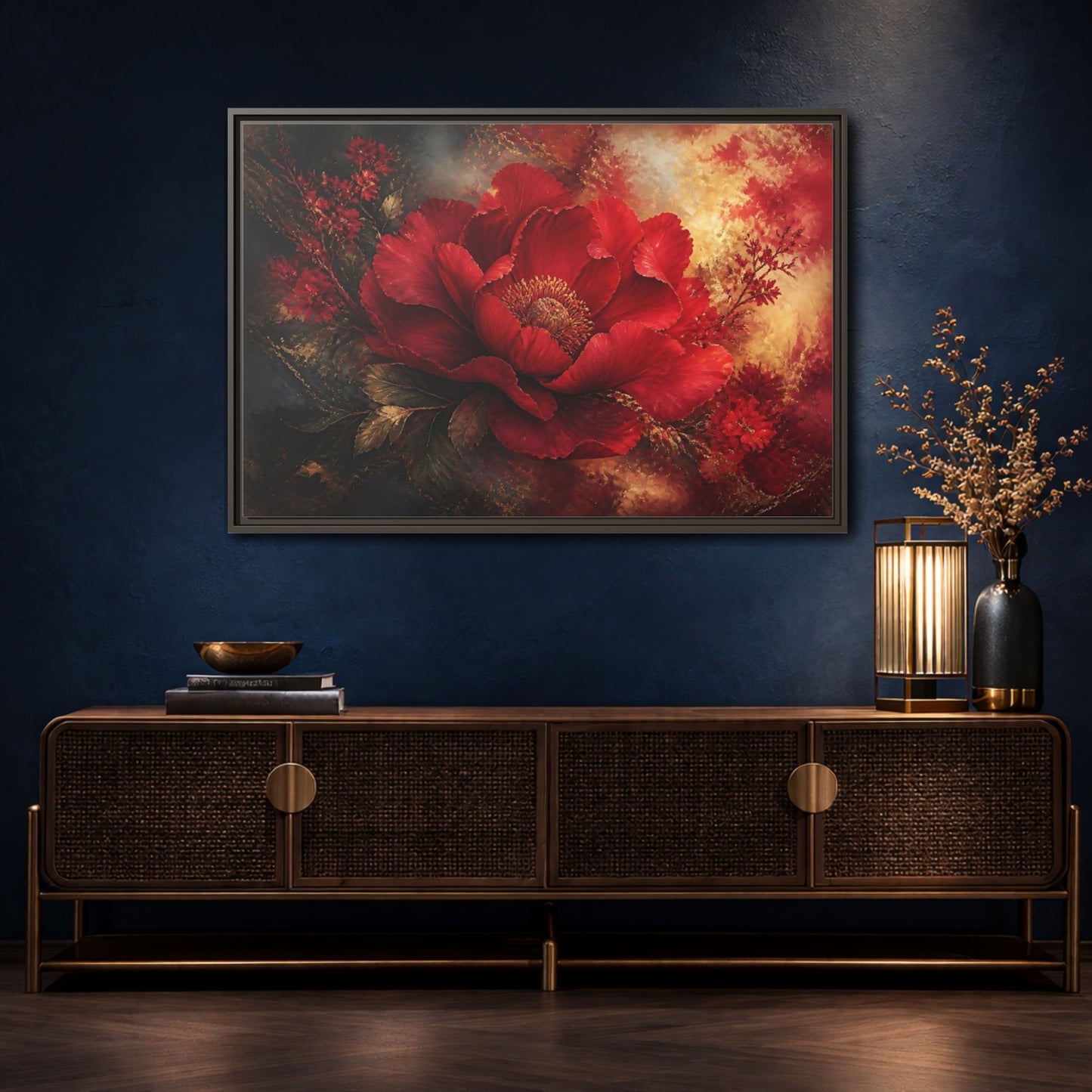 Mockup 4. Massive Ruby Peony shown as framed canvas print