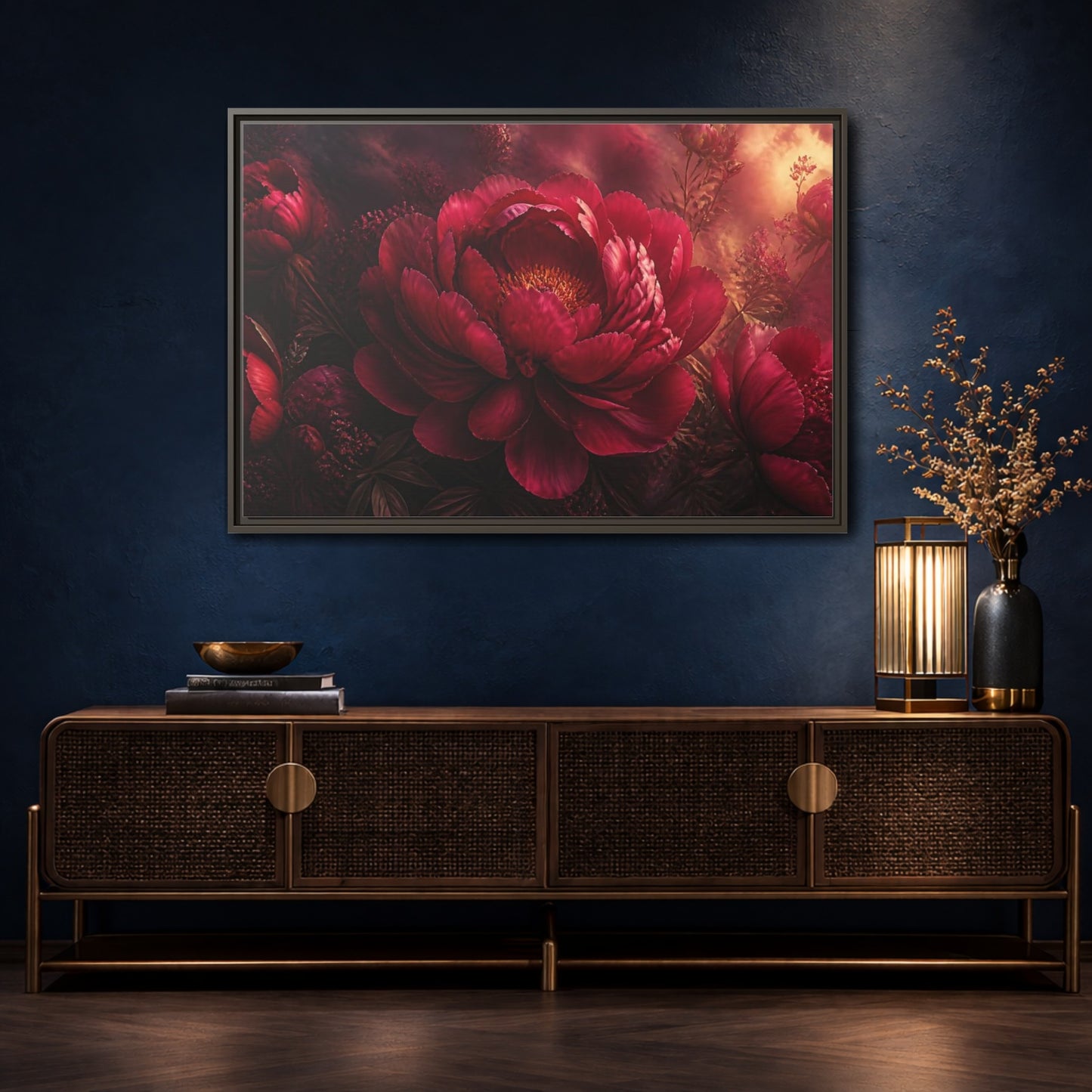Mockup 4. Massive Ruby Peony shown as framed canvas print