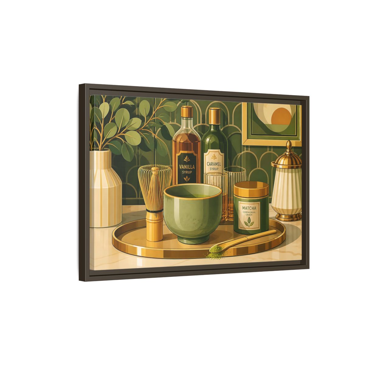 Side Mockup 2. Matcha Tea Still Life shown as framed canvas print