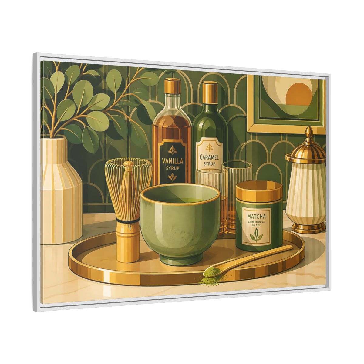 Side Mockup 7. Matcha Tea Still Life shown as framed canvas print