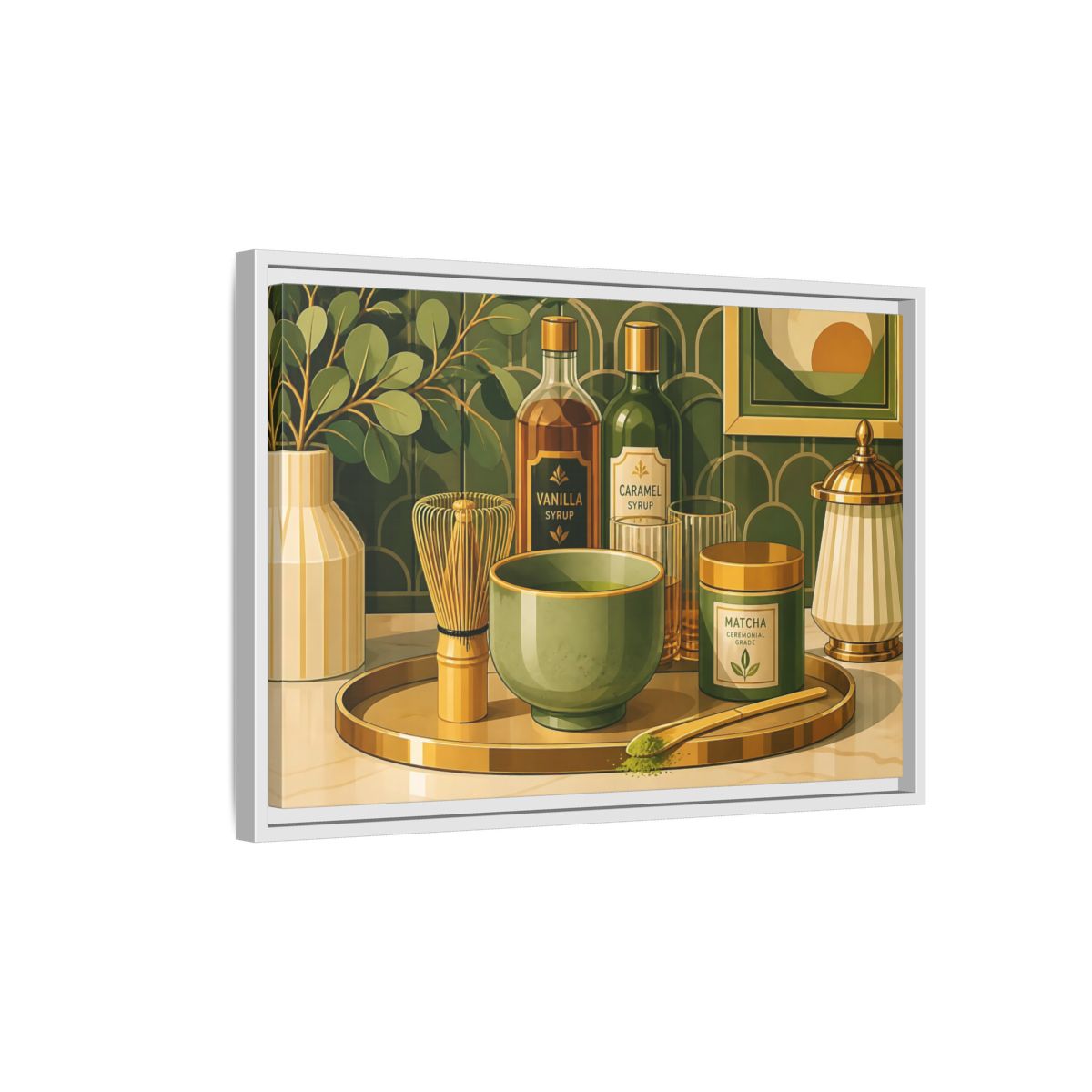 Side Mockup 1. Matcha Tea Still Life shown as framed canvas print