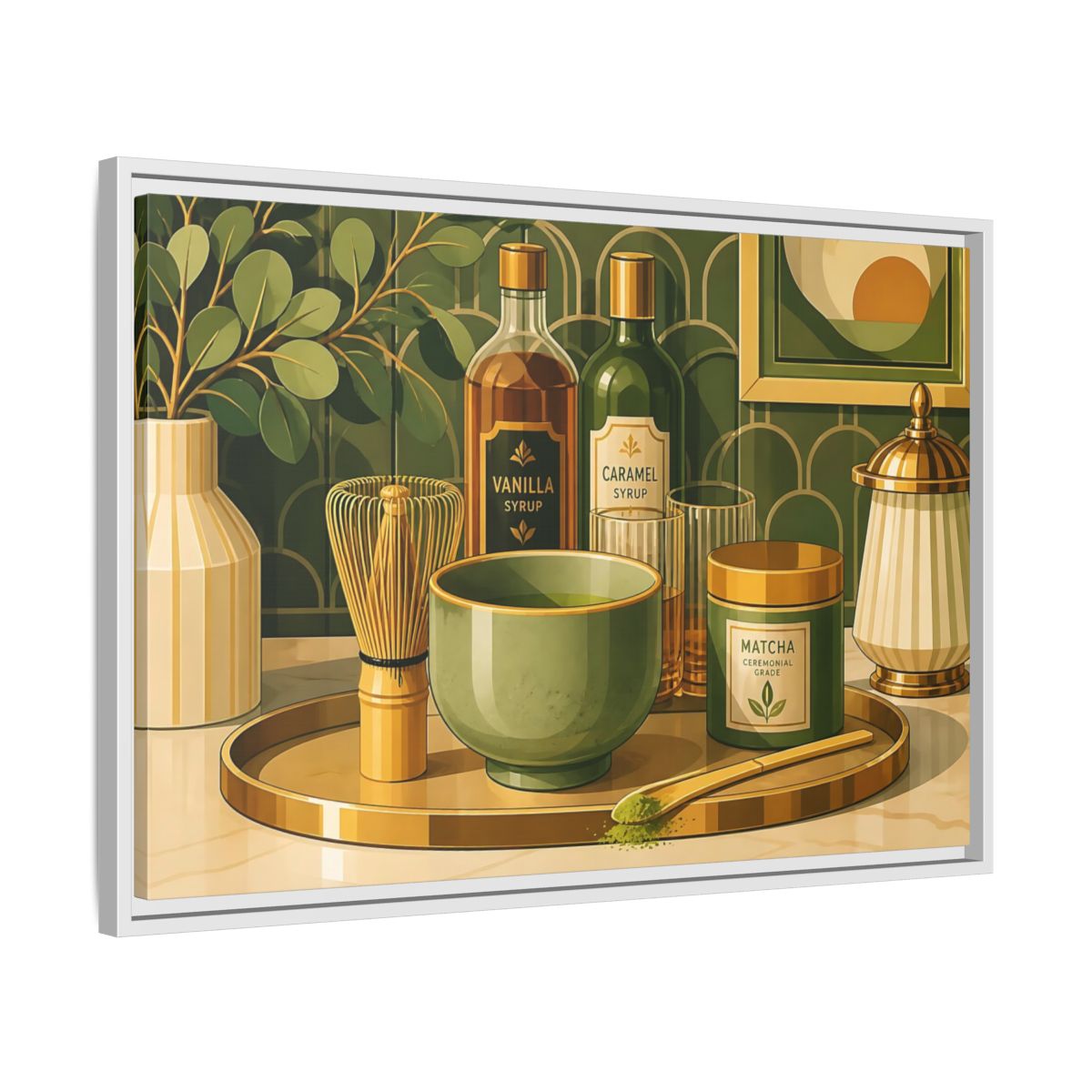 Side Mockup 10. Matcha Tea Still Life shown as framed canvas print