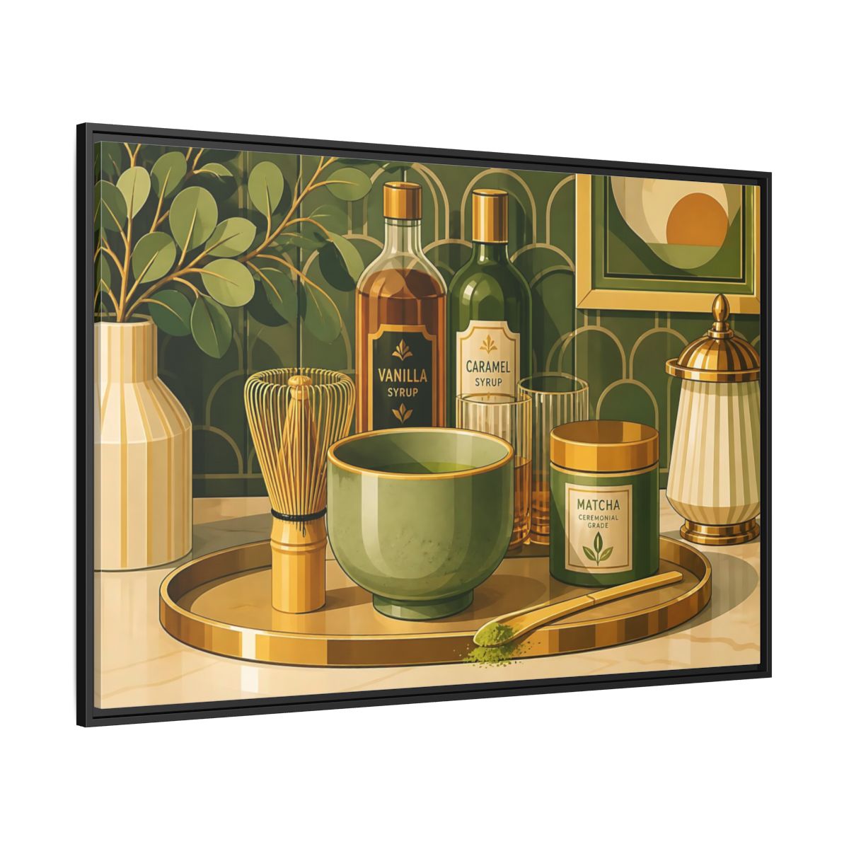 Side Mockup 12. Matcha Tea Still Life shown as framed canvas print