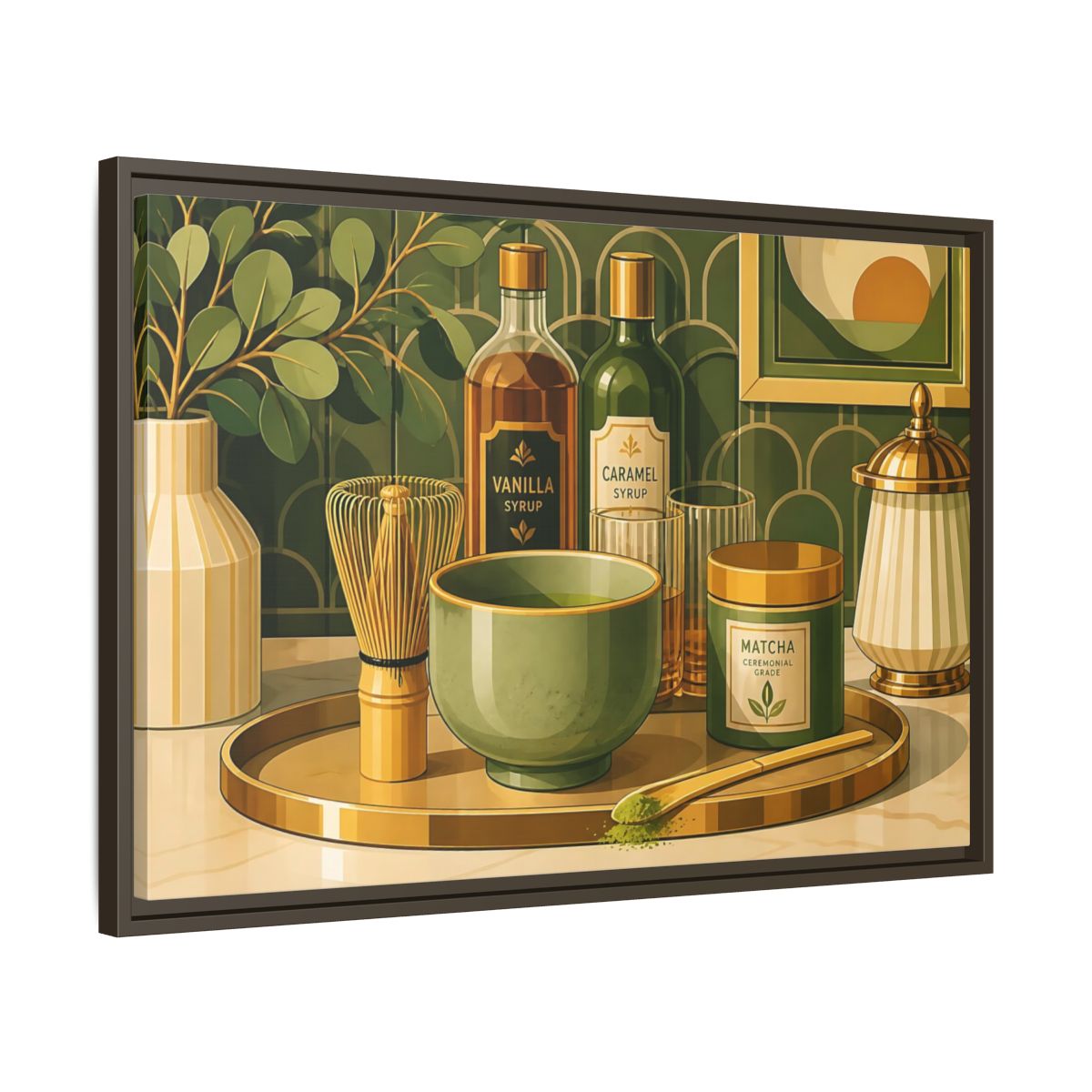 Side Mockup 11. Matcha Tea Still Life shown as framed canvas print