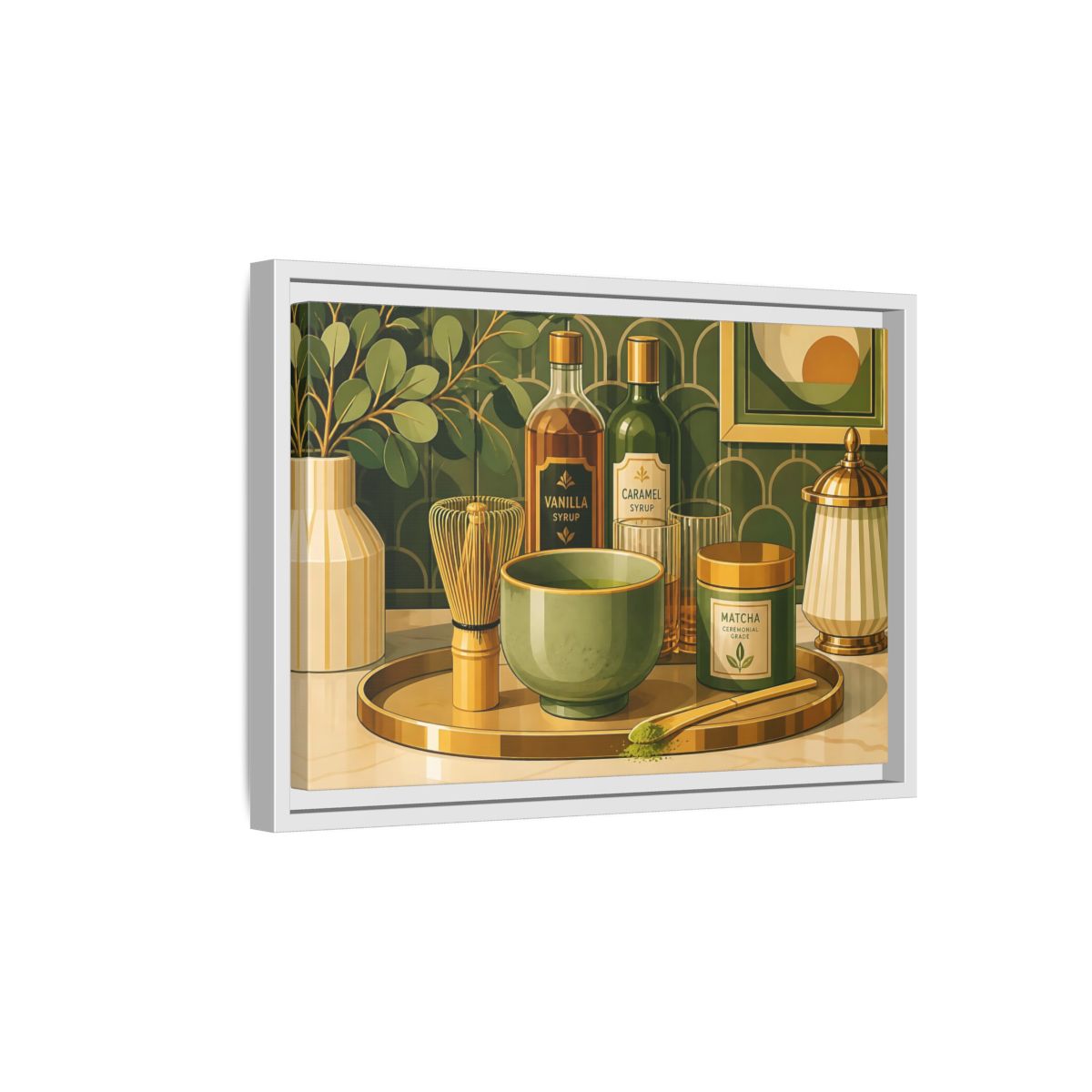 Side Mockup 4. Matcha Tea Still Life shown as framed canvas print