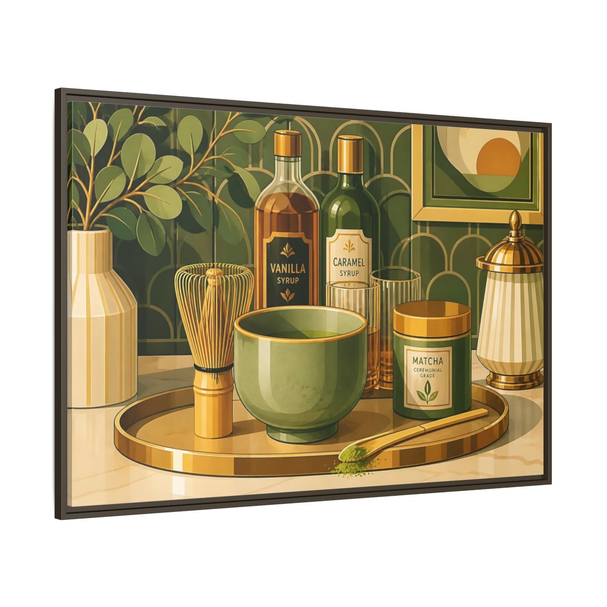 Side Mockup 8. Matcha Tea Still Life shown as framed canvas print