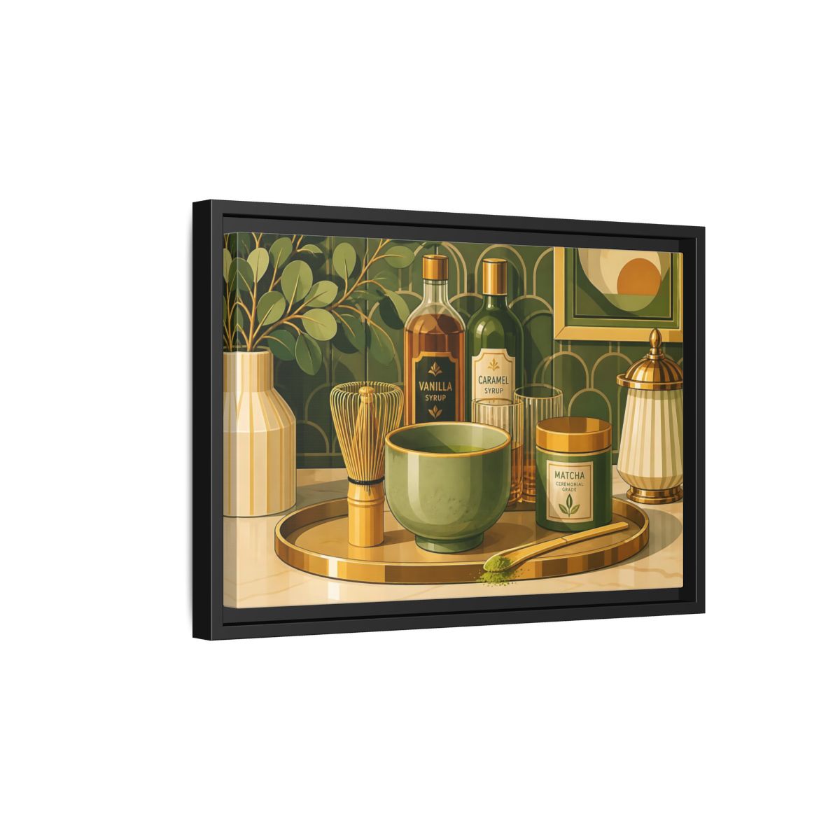 Side Mockup 6. Matcha Tea Still Life shown as framed canvas print