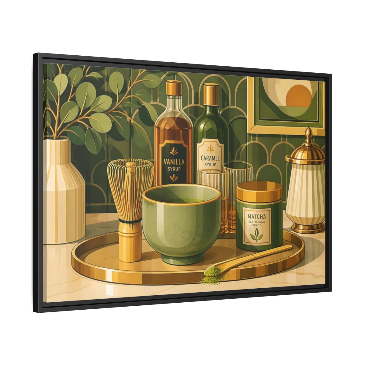 Side Mockup 13. Matcha Tea Still Life shown as framed canvas print