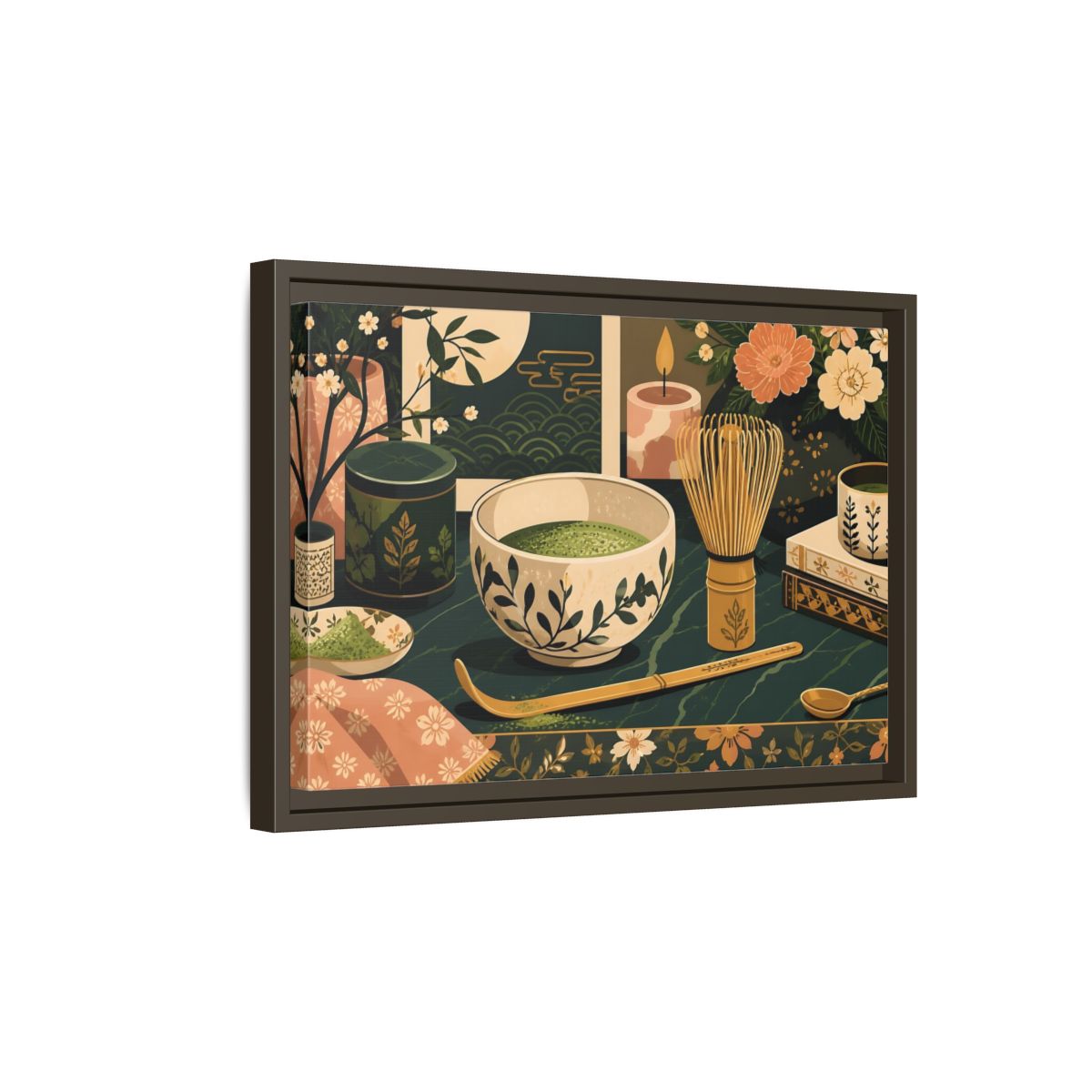 Side Mockup 5. Matcha Tea Still Life shown as framed canvas print