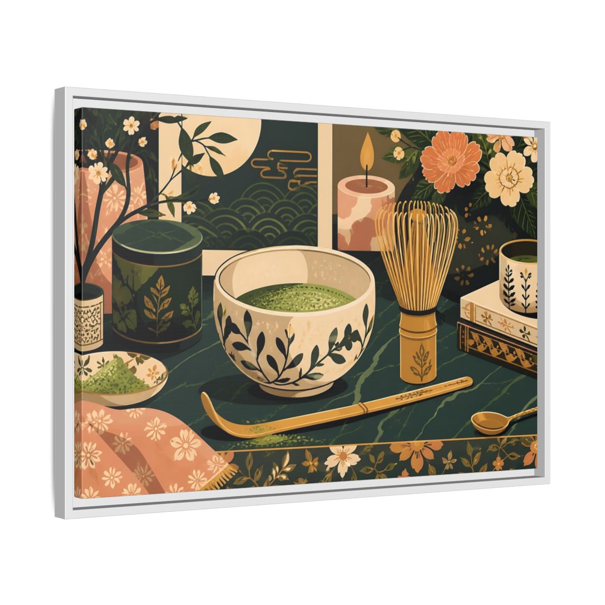 Side Mockup 10. Matcha Tea Still Life shown as framed canvas print