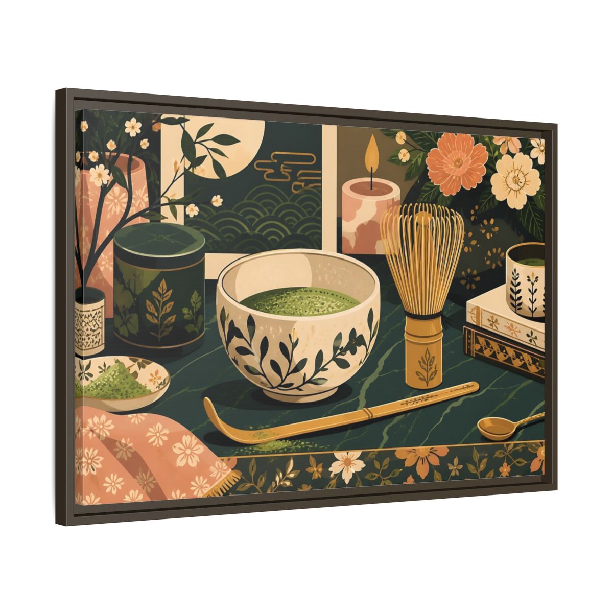 Side Mockup 11. Matcha Tea Still Life shown as framed canvas print