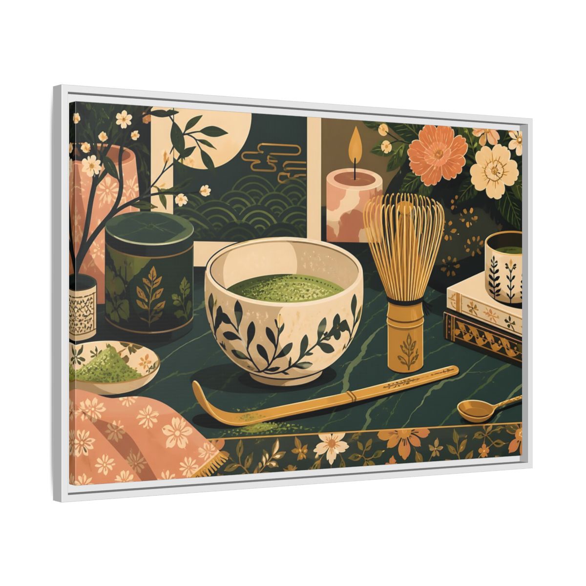 Side Mockup 9. Matcha Tea Still Life shown as framed canvas print
