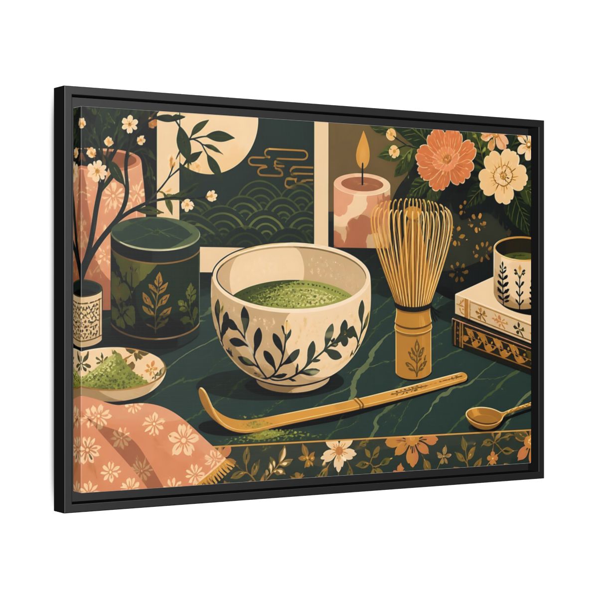 Side Mockup 14. Matcha Tea Still Life shown as framed canvas print
