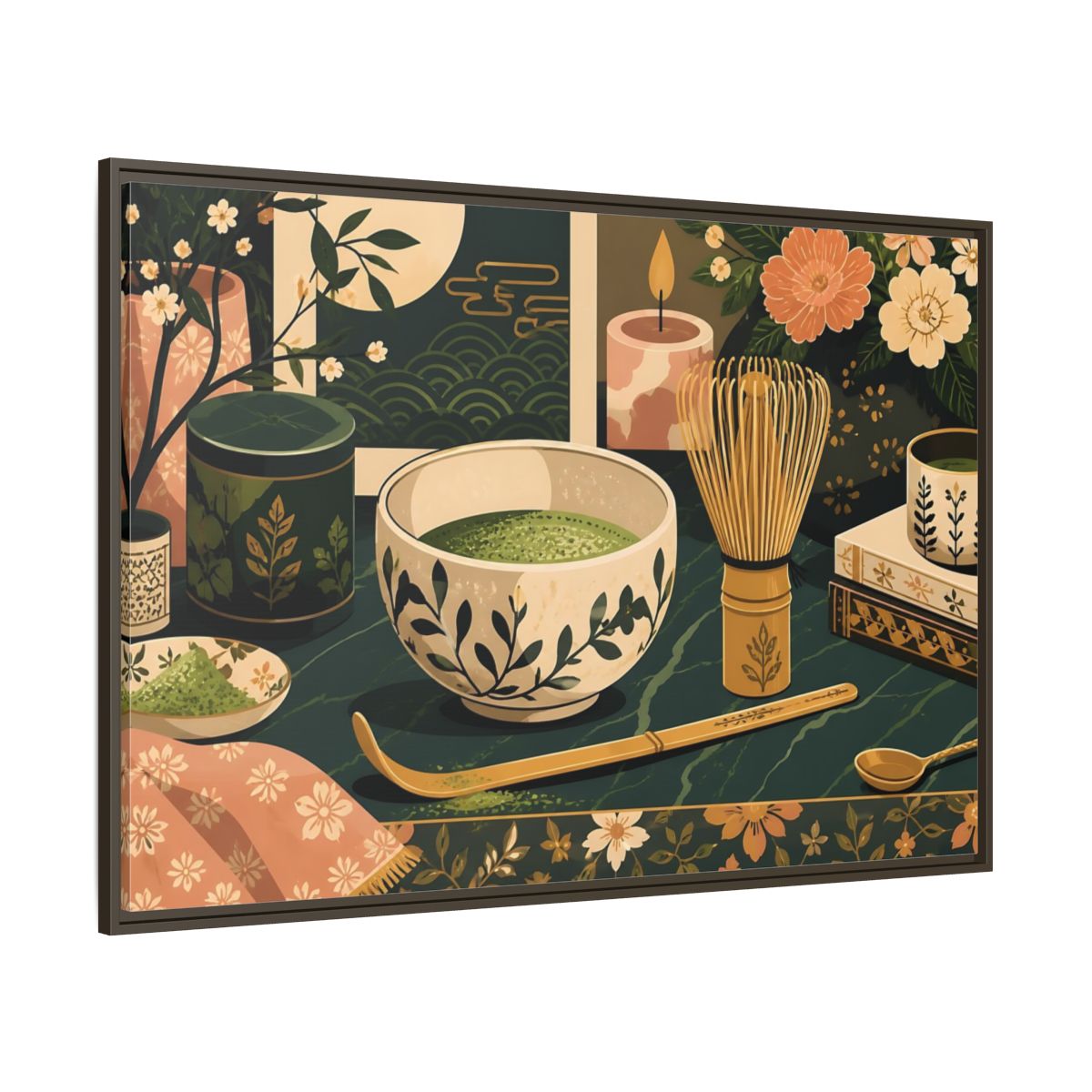 Side Mockup 8. Matcha Tea Still Life shown as framed canvas print