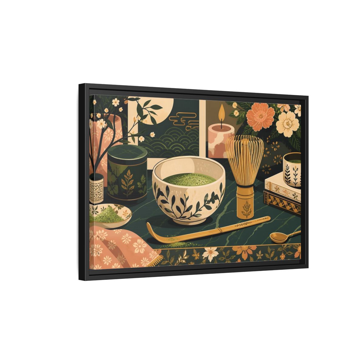 Side Mockup 3. Matcha Tea Still Life shown as framed canvas print