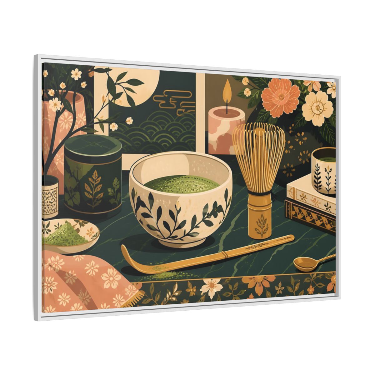 Side Mockup 7. Matcha Tea Still Life shown as framed canvas print