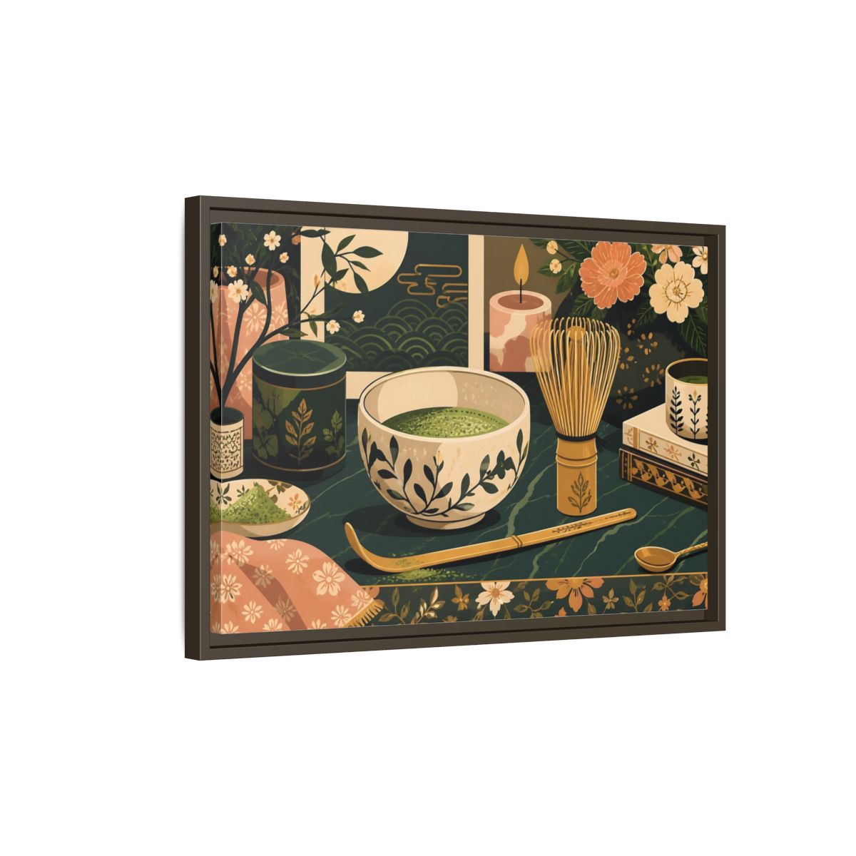 Side Mockup 2. Matcha Tea Still Life shown as framed canvas print