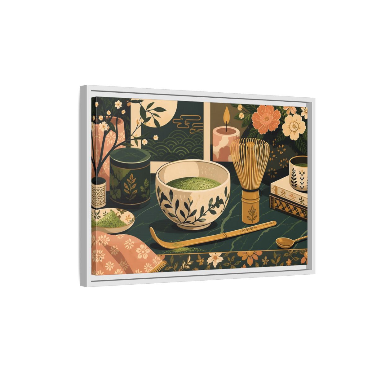 Side Mockup 1. Matcha Tea Still Life shown as framed canvas print
