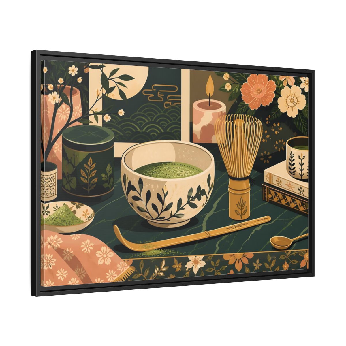 Side Mockup 13. Matcha Tea Still Life shown as framed canvas print