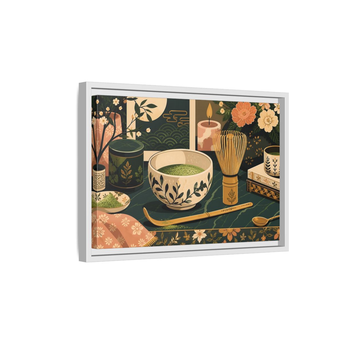 Side Mockup 4. Matcha Tea Still Life shown as framed canvas print