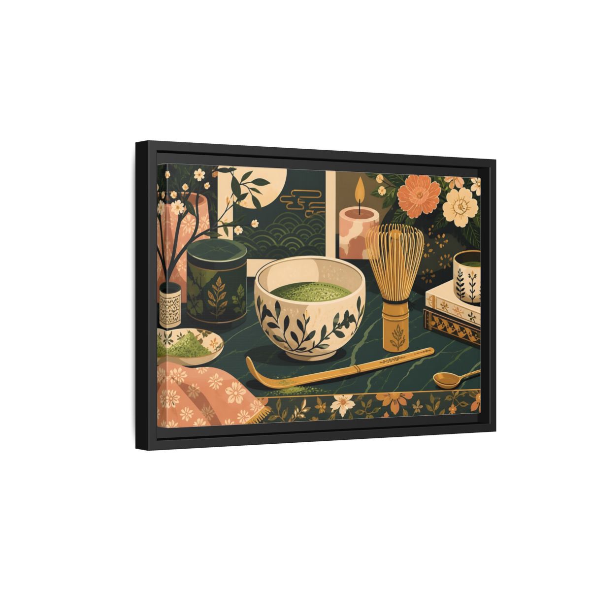 Side Mockup 6. Matcha Tea Still Life shown as framed canvas print