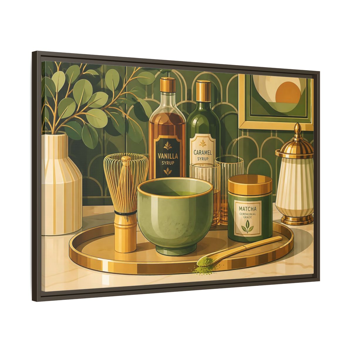 Main Mockup. Matcha Tea Still Life shown as framed canvas print