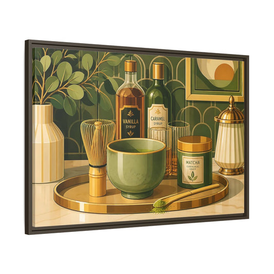 Main Mockup. Matcha Tea Still Life shown as framed canvas print
