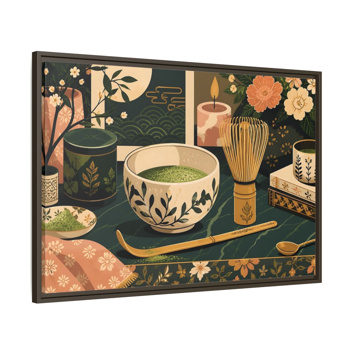 Main Mockup. Matcha Tea Still Life shown as framed canvas print