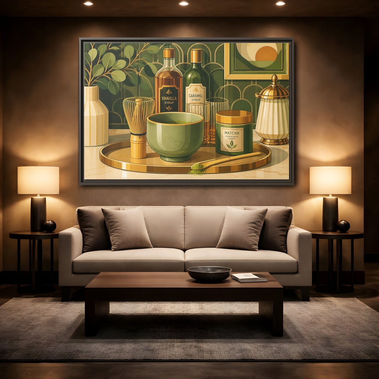 Mockup 2. Matcha Tea Still Life shown as framed canvas print