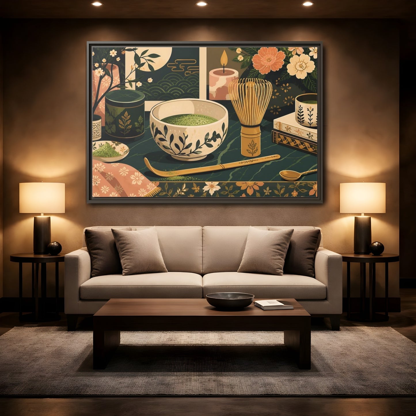 Mockup 2. Matcha Tea Still Life shown as framed canvas print