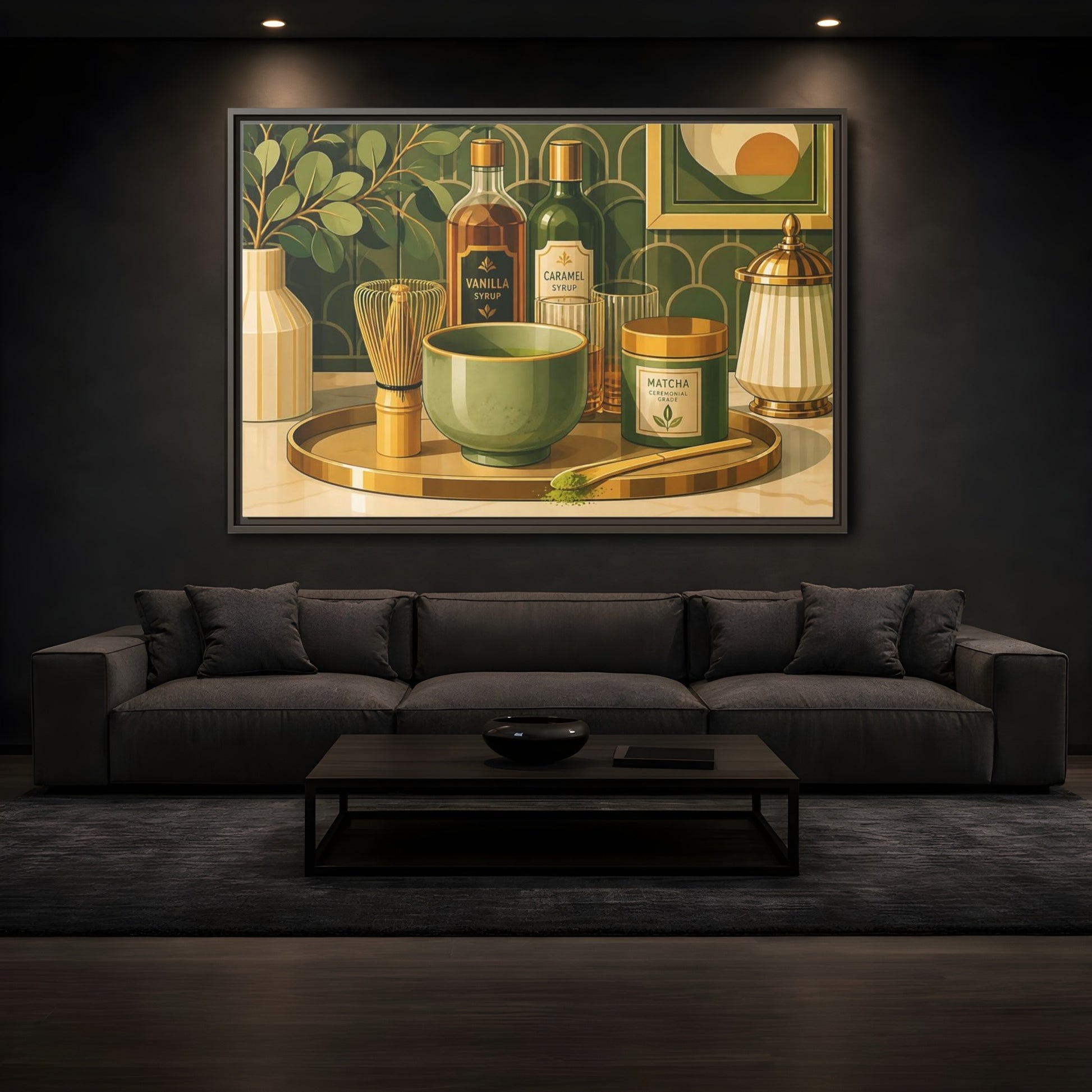Mockup 3. Matcha Tea Still Life shown as framed canvas print