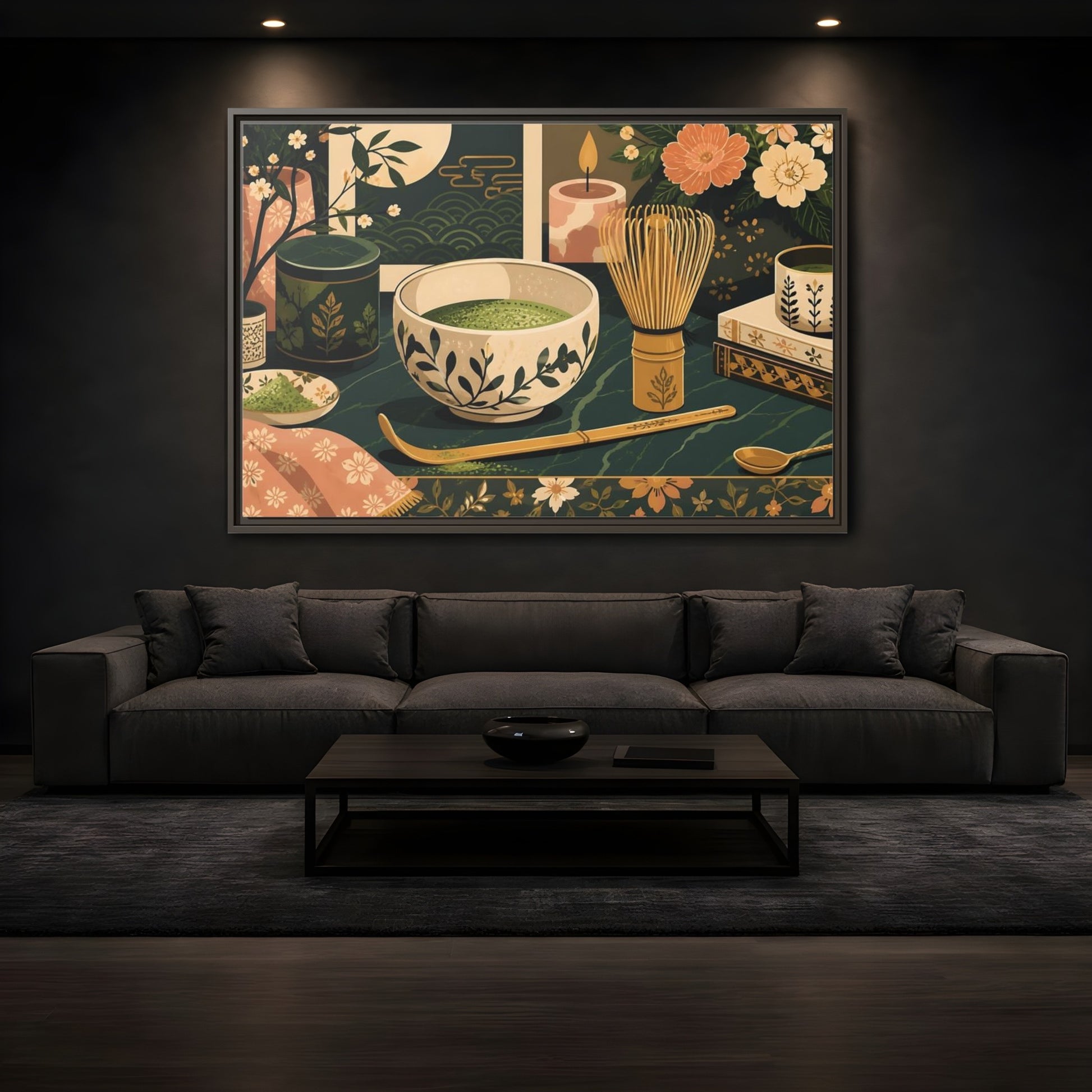 Mockup 3. Matcha Tea Still Life shown as framed canvas print