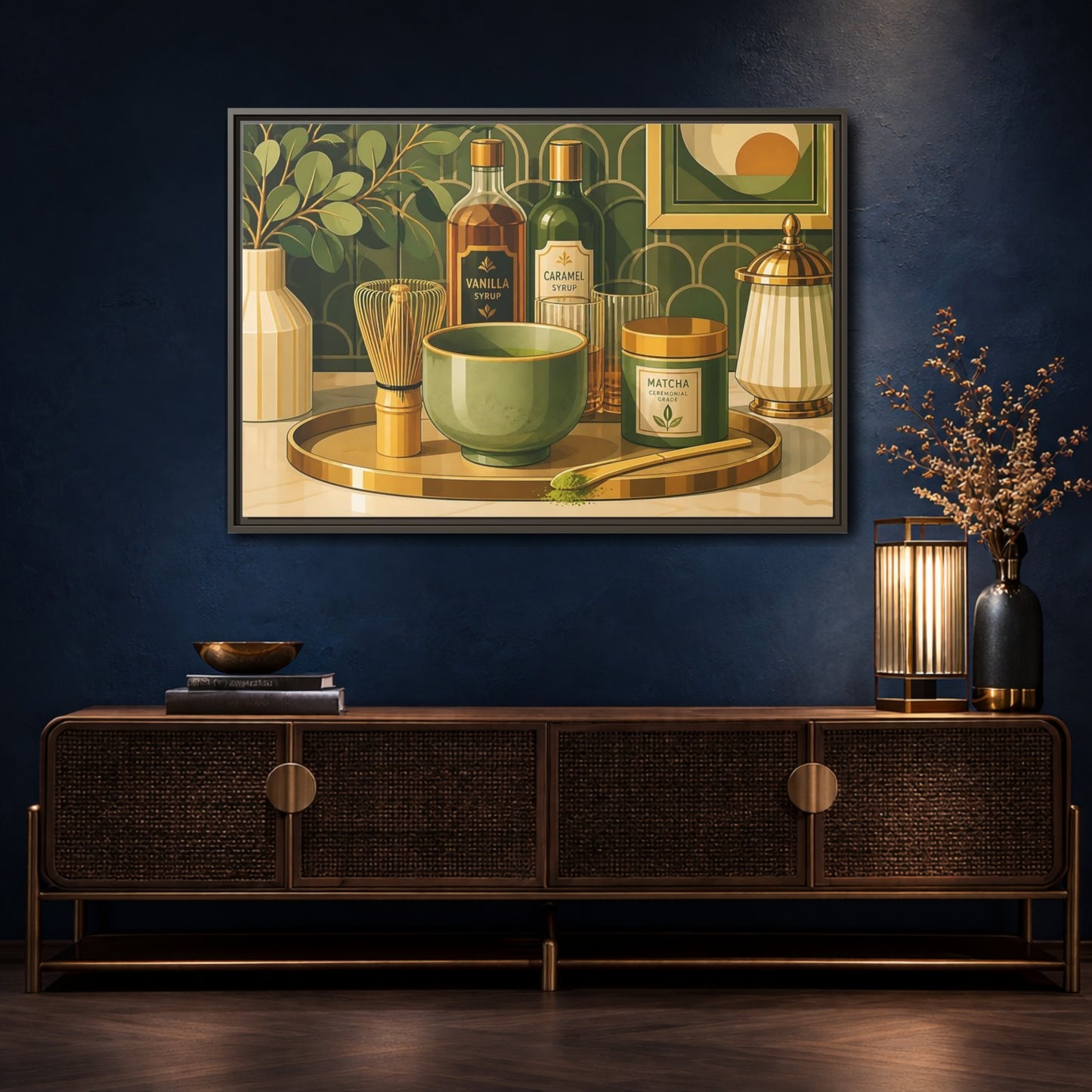 Mockup 4. Matcha Tea Still Life shown as framed canvas print