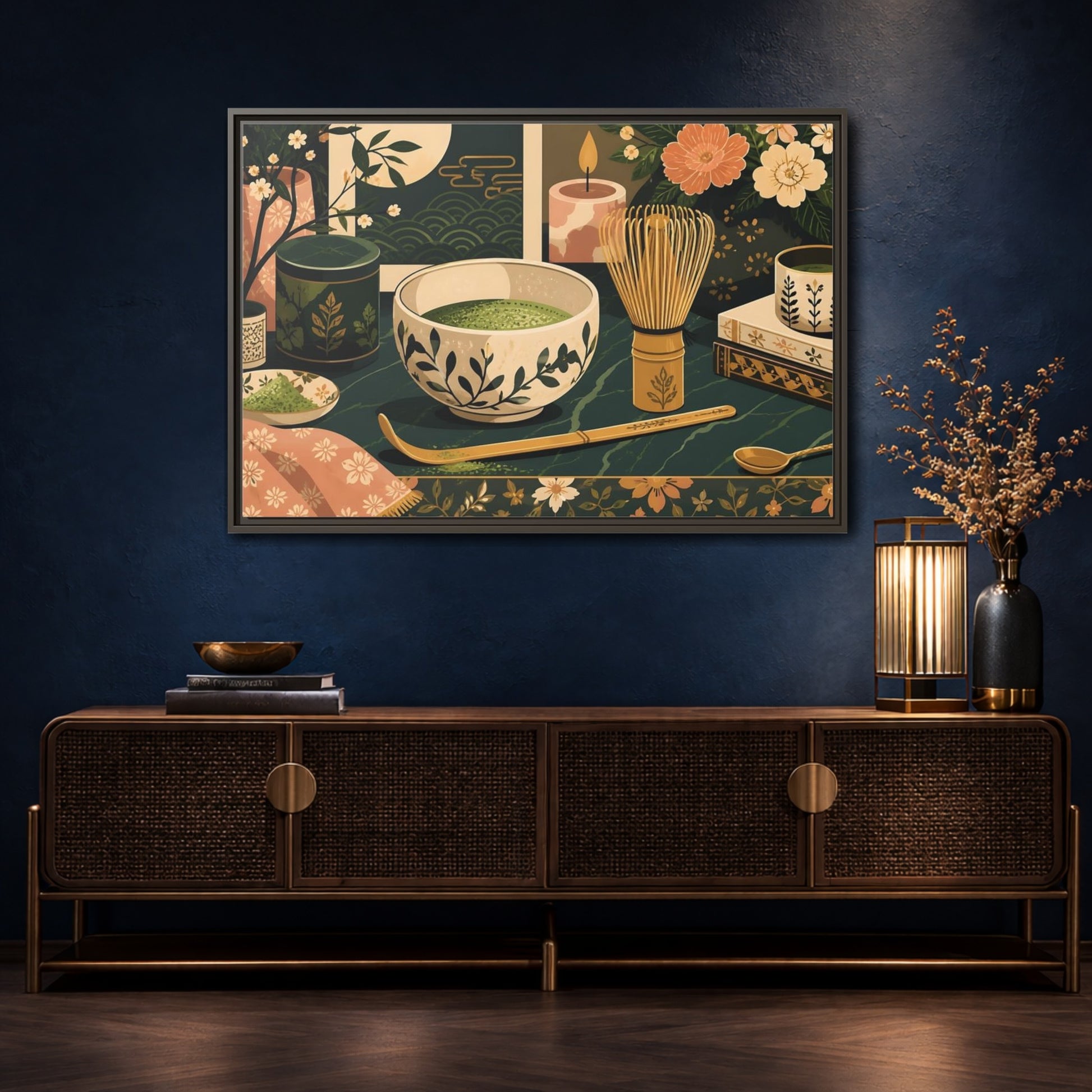 Mockup 4. Matcha Tea Still Life shown as framed canvas print