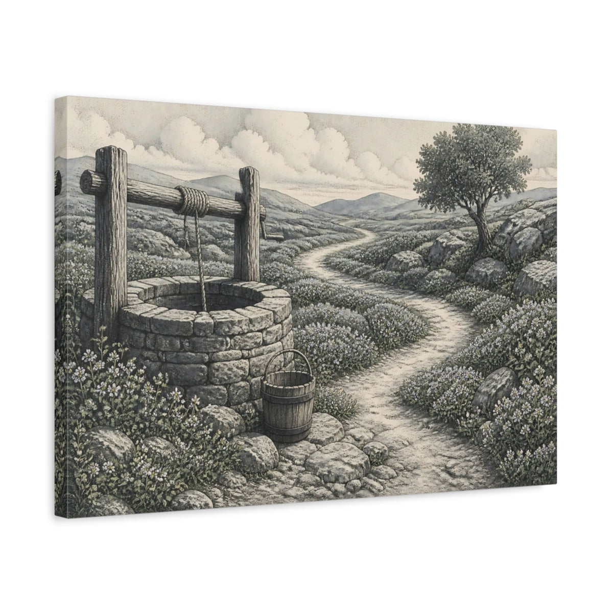Side Mockup 3. Meadow Well And Path shown as canvas print