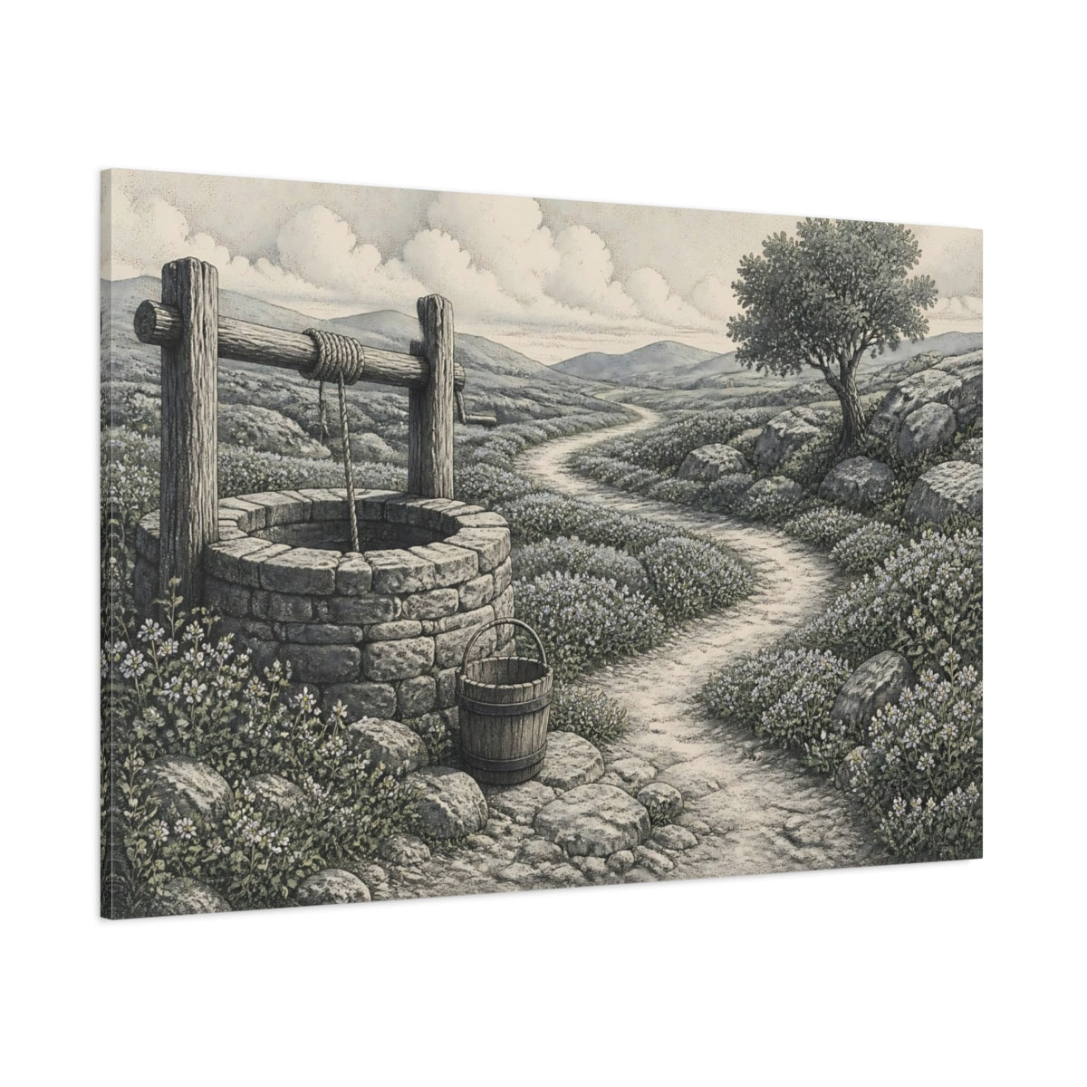 Side Mockup 1. Meadow Well And Path shown as canvas print