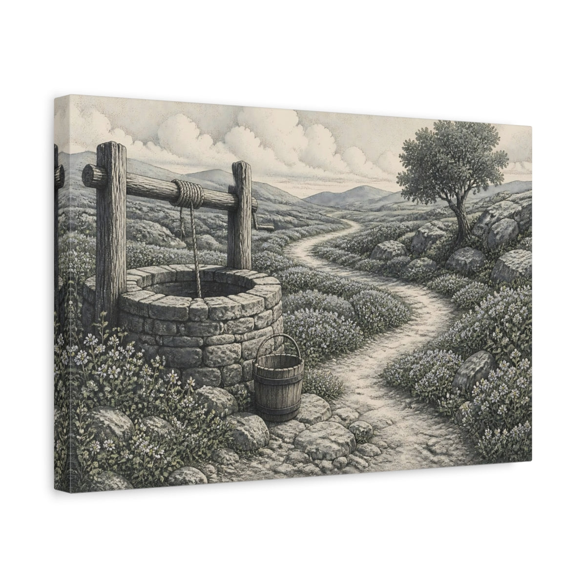 Side Mockup 4. Meadow Well And Path shown as canvas print